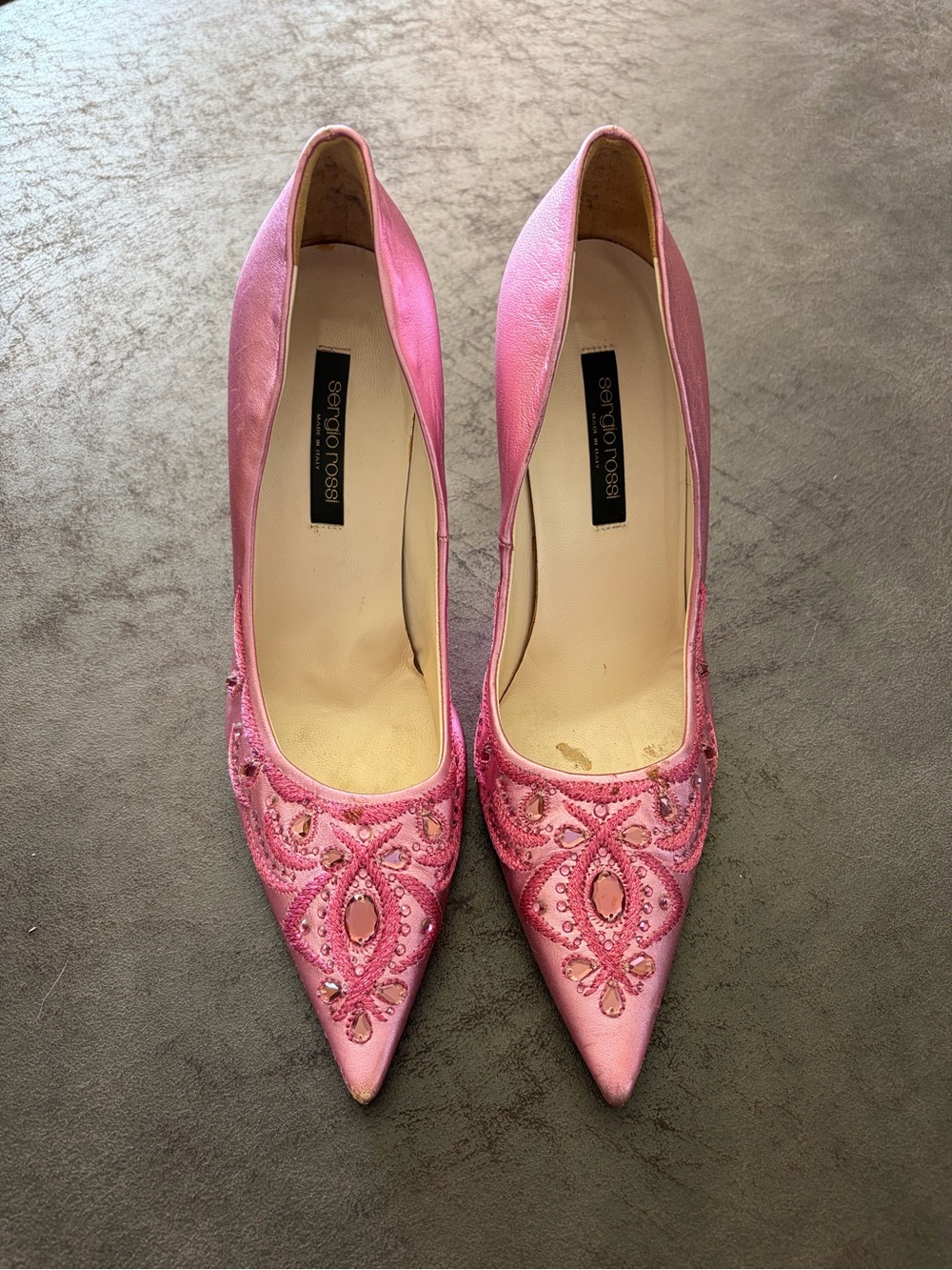 Sergio Rossi Pink Embroidered Pointed-Toe Pumps